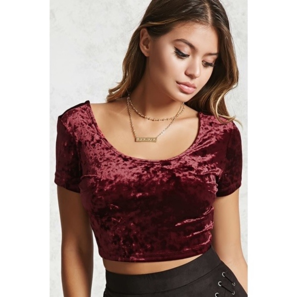 FOREVER 21 Crushed Velvet Crop Top - Burgundy
